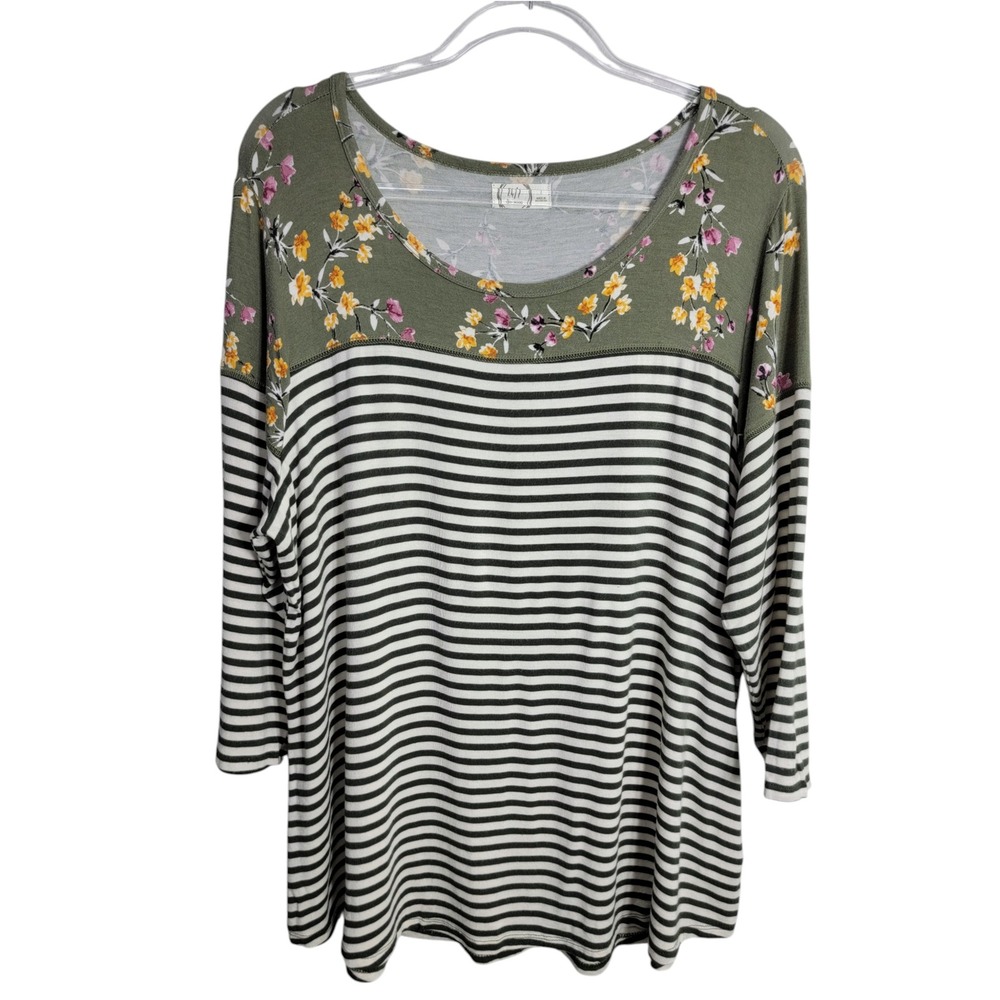 Maurices Women 1X Tunic Top Olive Green Floral Striped Mixed Print 3/4 Sleeve